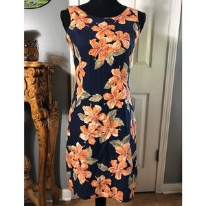 Pineapple Moon Silk Navy Tropical Form Fitting Dress